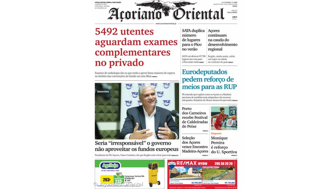 "5492 utentes aguardam exames complementares no privado" é a manchete do Açoriano Oriental
