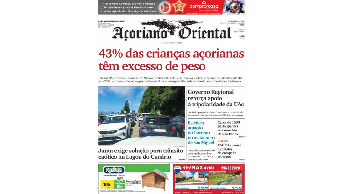 "43% das crianças açorianas têm excesso de peso" é a manchete do Açoriano Oriental