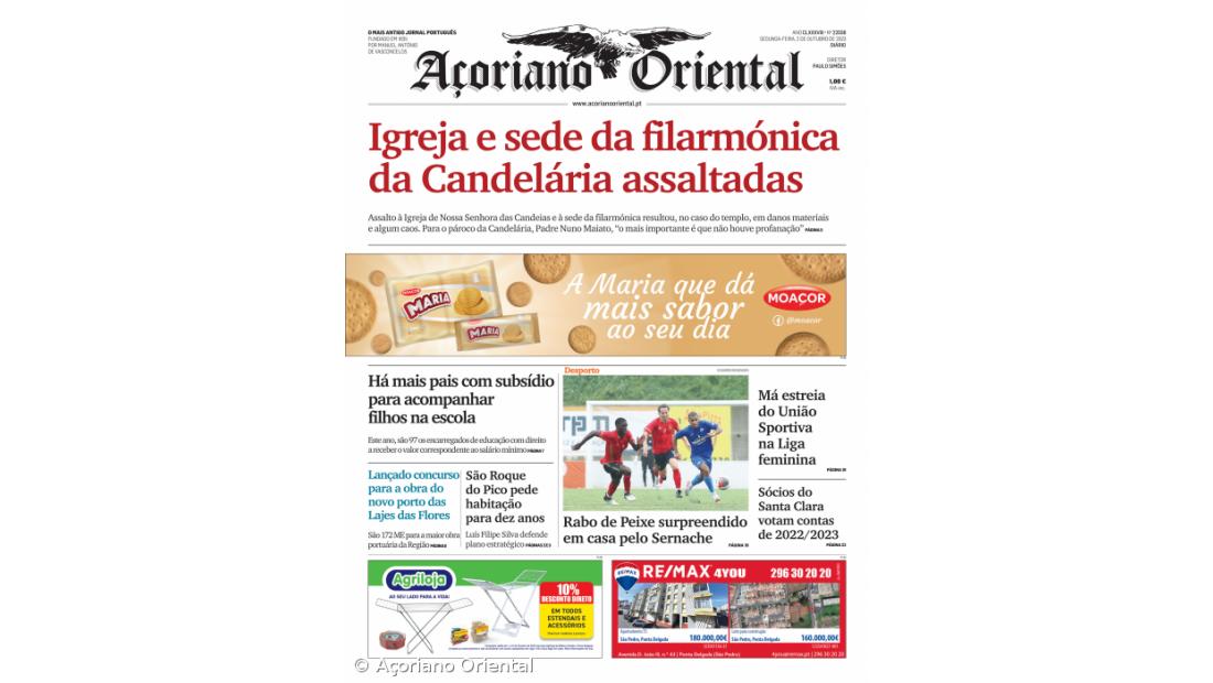 "Igreja e sede da filarmónica da Candelária assaltadas" é a manchete do Açoriano Oriental