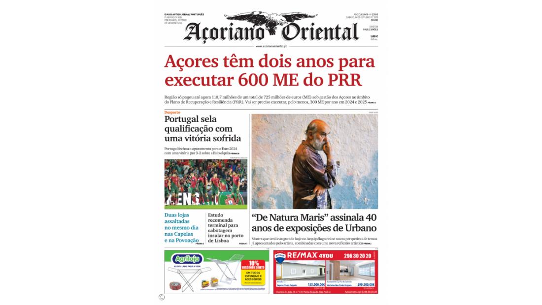 "Açores têm dois anos para executar 600 ME do PRR" é a manchete de edição de hoje do Açoriano Oriental