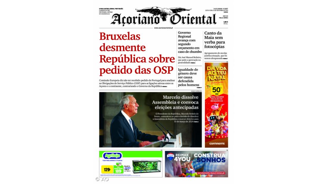 "Bruxelas desmente República sobre pedido das OSP" é a manchete do Açoriano Oriental