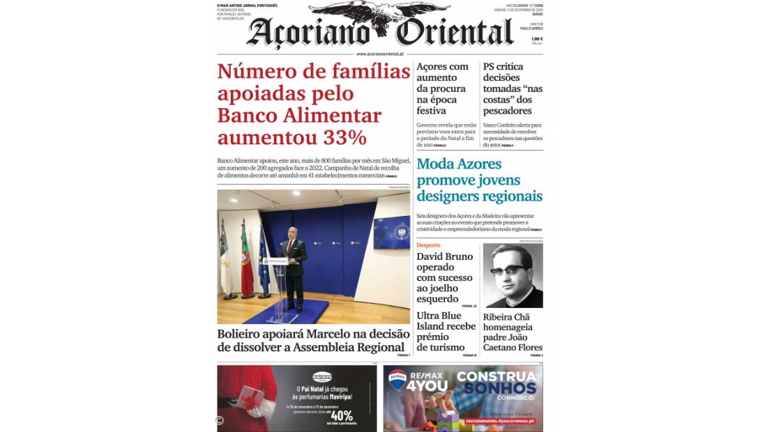 "Número de famílias apoiadas pelo Banco Alimentar aumentou 33%" é a manchete do Açoriano Oriental