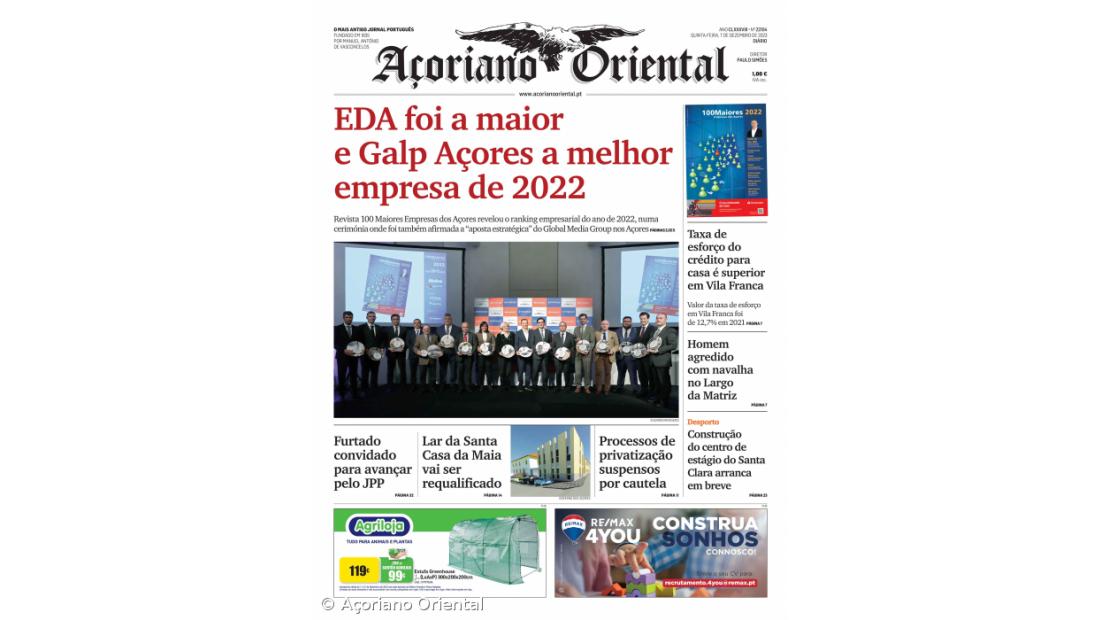 "EDA foi a maior e Galp Açores a melhor empresa de 2022" é a manchete do Açoriano Oriental