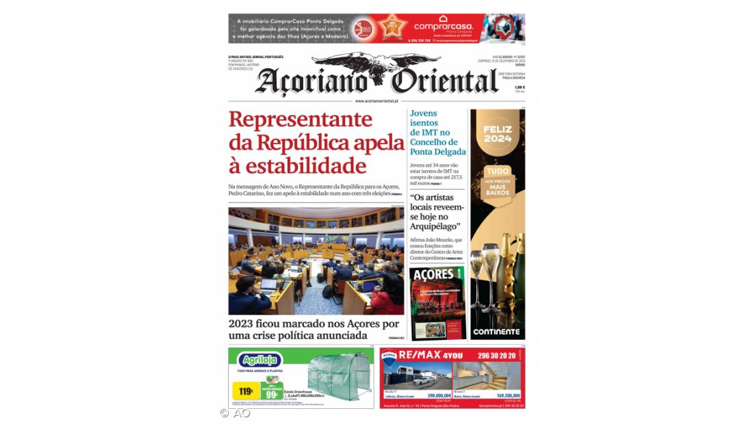 "Representante da República apela à estabilidade" é a manchete do Açoriano Oriental