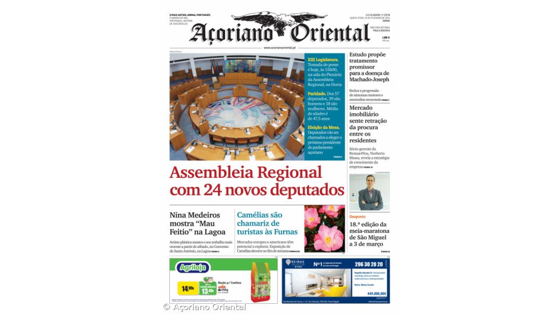 "Assembleia Regional com 24 novos deputados" é a manchete do Açoriano Oriental