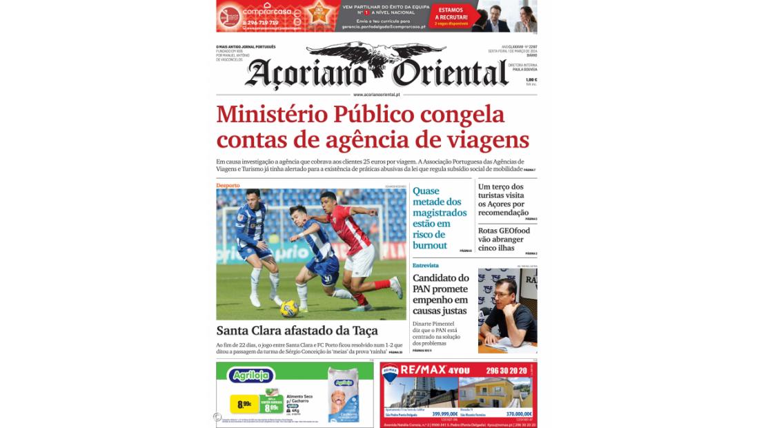 "Ministério Público congela contas de agência de viagens" é a manchete do Açoriano Oriental