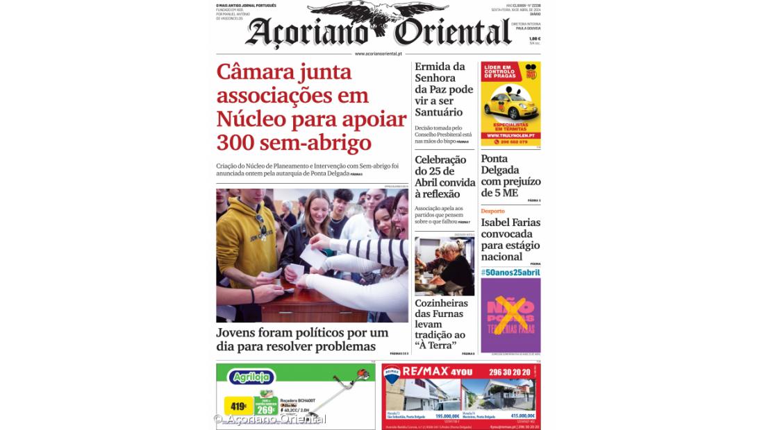 "Câmara junta associações em Núcleo para apoiar 300 sem-abrigo" é a manchete do Açoriano Oriental