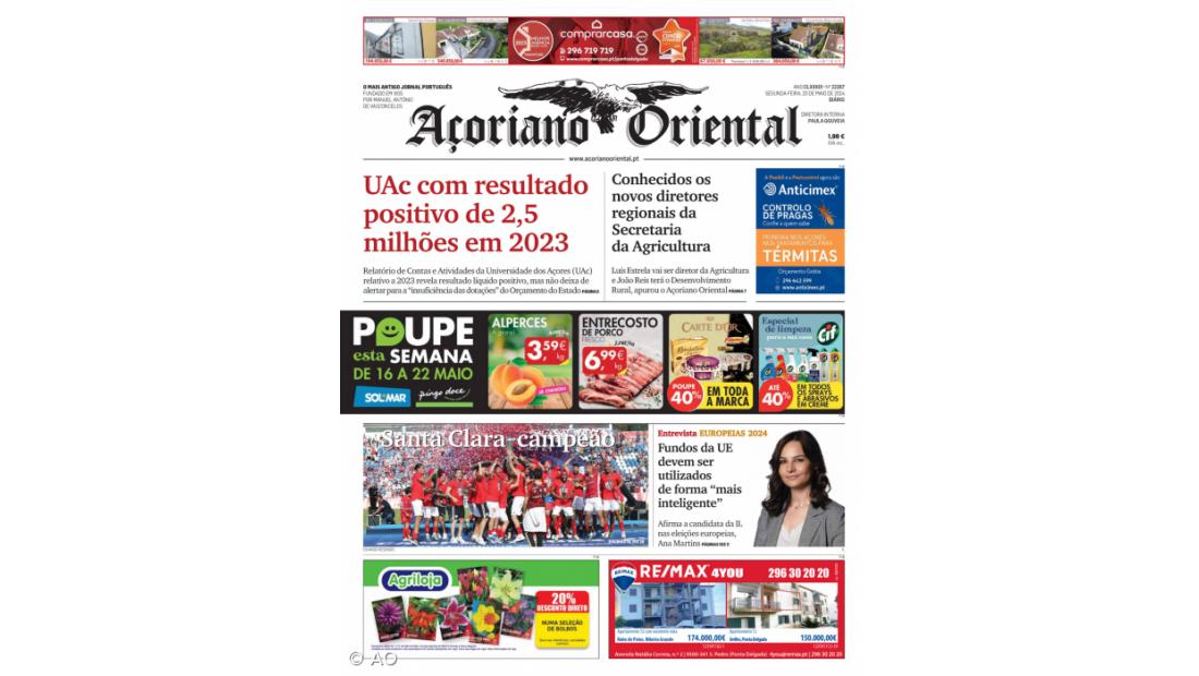 "UAc com resultado positivo de 2,5 milhões em 2023" é a manchete do Açoriano Oriental
