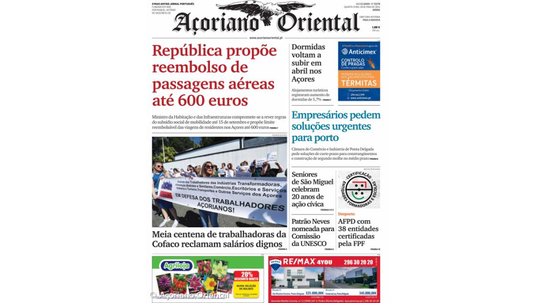 "República propõe reembolso de passagens aéreas até 600 euros" é a manchete do Açoriano Oriental