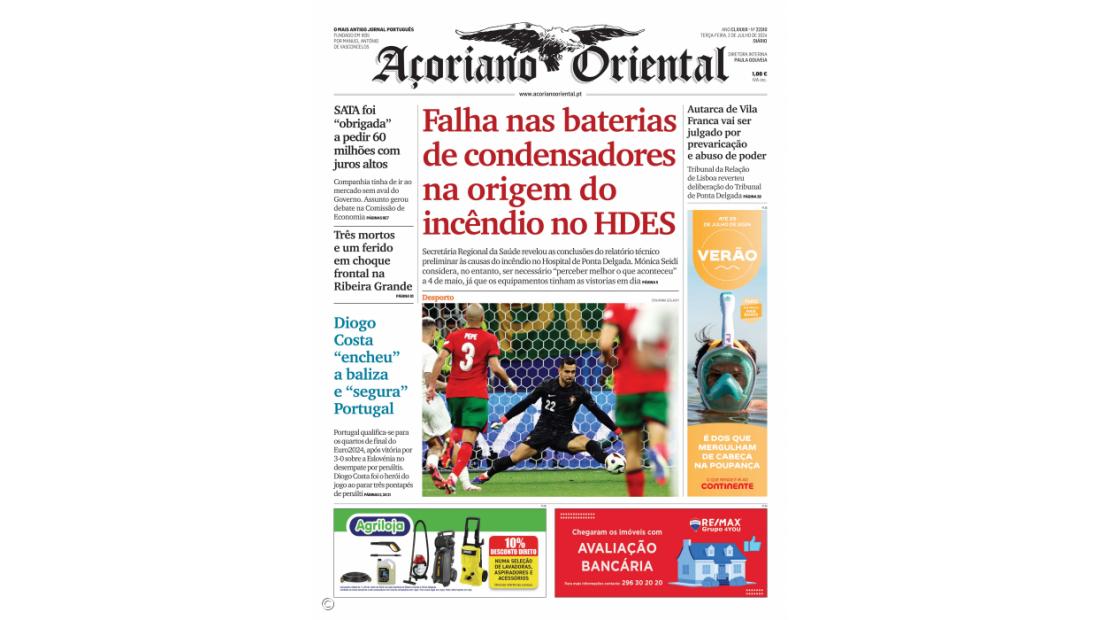 "Falha nas baterias de condensadores na origem do incêndio no HDES" é a manchete do Açoriano Oriental