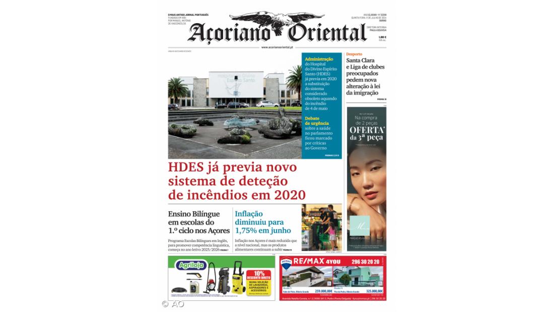 "HDES já previa novo sistema de deteção de incêndios em 2020" é a manchete do Açoriano Oriental