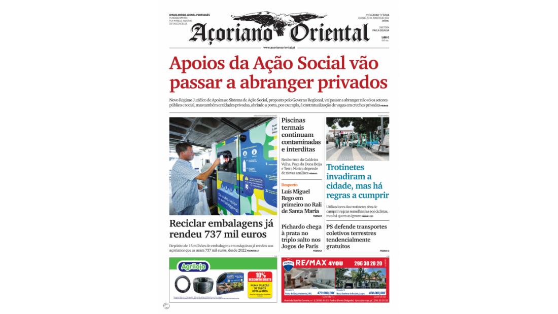 "Apoios da Ação Social vão passar a abranger privados" é a manchete do Açoriano Oriental