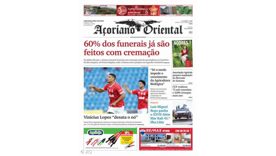 "60% dos funerais já são feitos com cremação" é a manchete do Açoriano Oriental