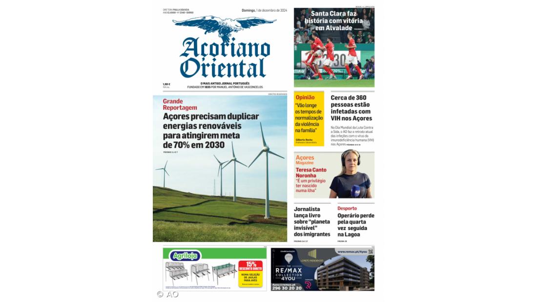 "Açores precisam duplicar energias renováveis para atingir meta de 70% em 2030" é a manchete do Açoriano Oriental