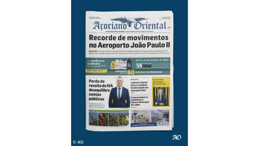 "Recorde de movimentos no Aeroporto João Paulo II" é a manchete do Açoriano Oriental