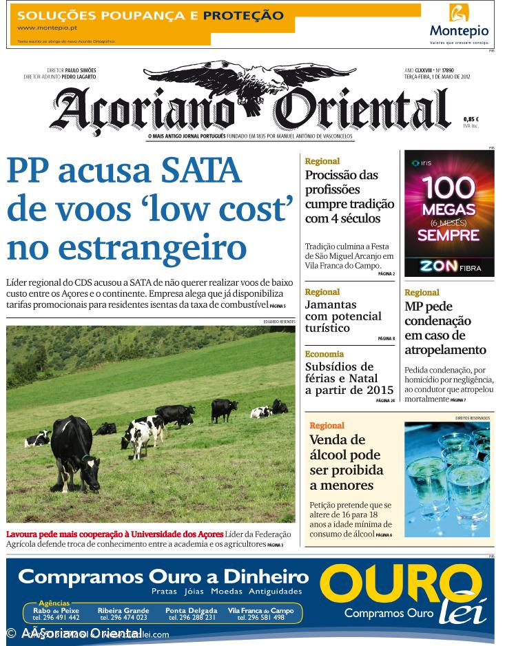 "PP acusa SATA de voos 'low cost' no estrangeiro" é a manchete do Açoriano Oriental – Imagem 1