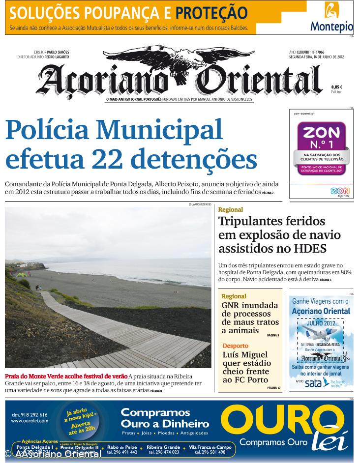 "Polícia Municipal efetua 22 detenções" é a manchete do Açoriano Oriental – Imagem 1