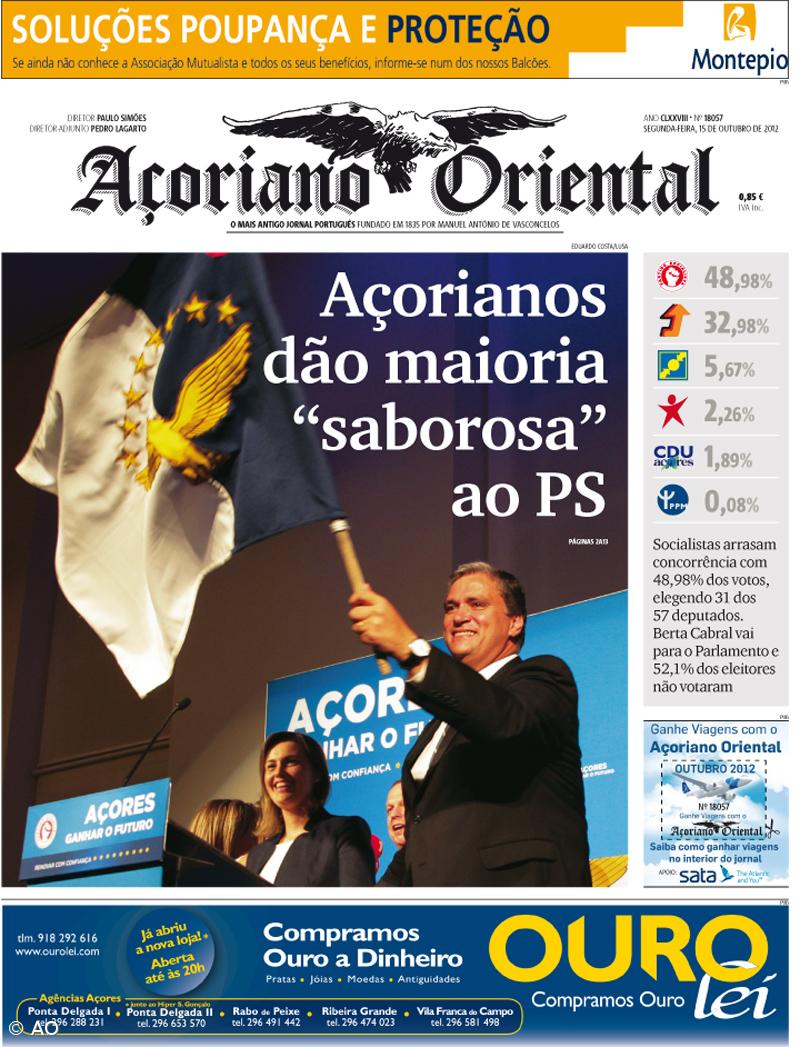 "Açorianos dão maioria 'saborosa' ao PS" é a manchete do Açoriano Oriental – Imagem 1