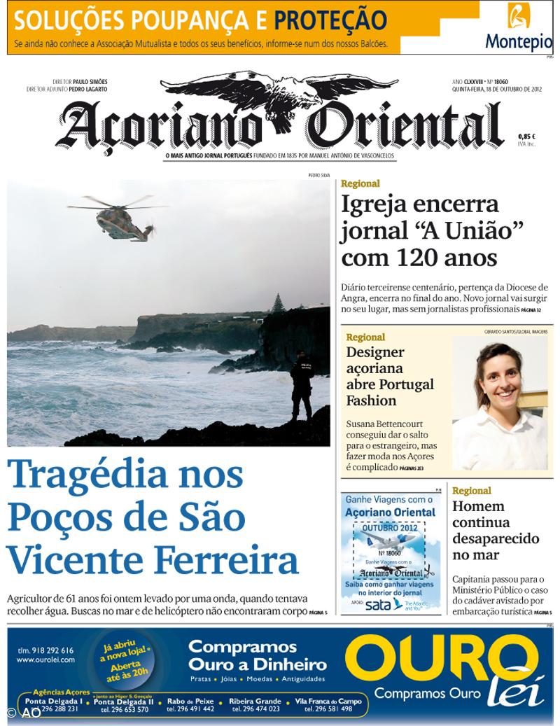 "Tragédia nos Poços de São Vicente Ferreira" é a manchete do Açoriano Oriental – Imagem 1
