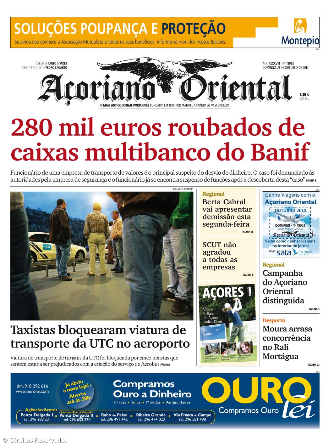 "280 mil euros roubados de caixas multibanco do Banif" é a manchete do Açoriano Oriental – Imagem 1