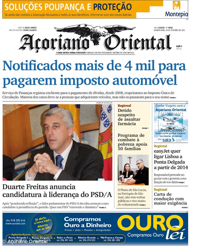 "Notificados mais de 4 mil para pagarem imposto automóvel" é a manchete do Açoriano Oriental – Imagem 1