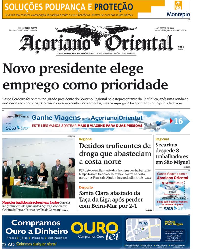 "Novo presidente elege emprego como prioridade" é a manchete do Açoriano Oriental – Imagem 1