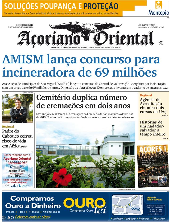 "AMISM lança concurso para incineradora de 69 milhões" é a manchete do Açoriano Oriental – Imagem 1