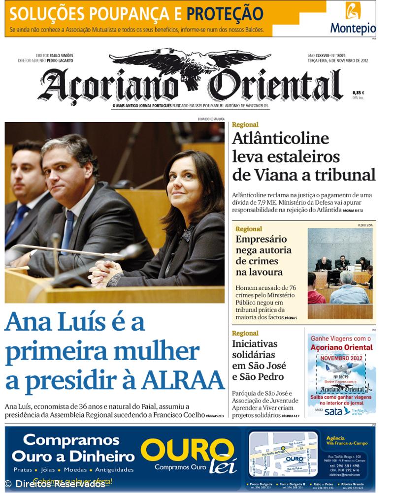"Ana Luís é a primeira mulher a presidir à ALRAA" é a manchete do Açoriano Oriental – Imagem 1