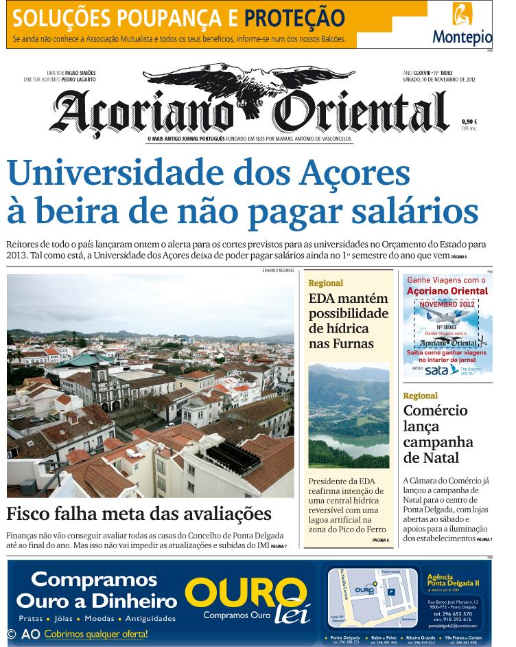 "Universidade dos Açores à beira de não pagar salários" é a manchete do Açoriano Oriental – Imagem 1