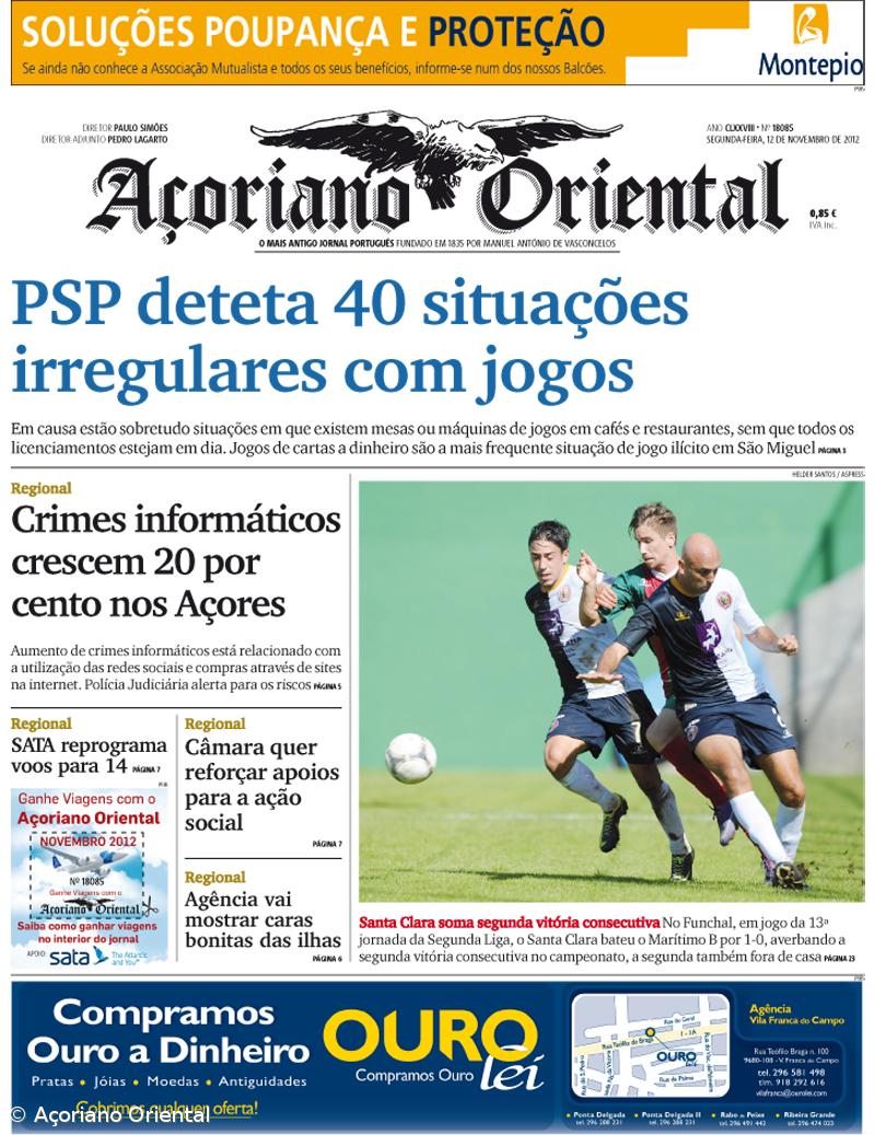 "PSP deteta 40 situações irregulares com jogos" é a manchete do Açoriano Oriental – Imagem 1
