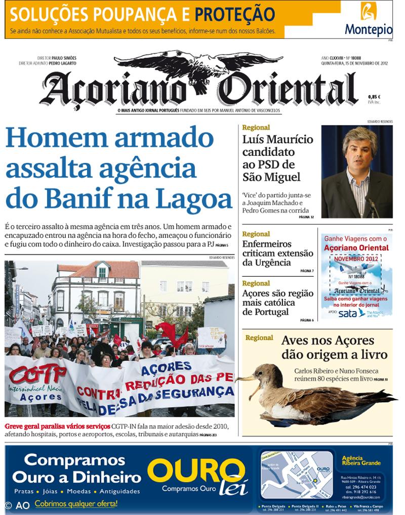 "Homem armado assalta agência do Banif na Lagoa" é a manchete do Açoriano Oriental – Imagem 1