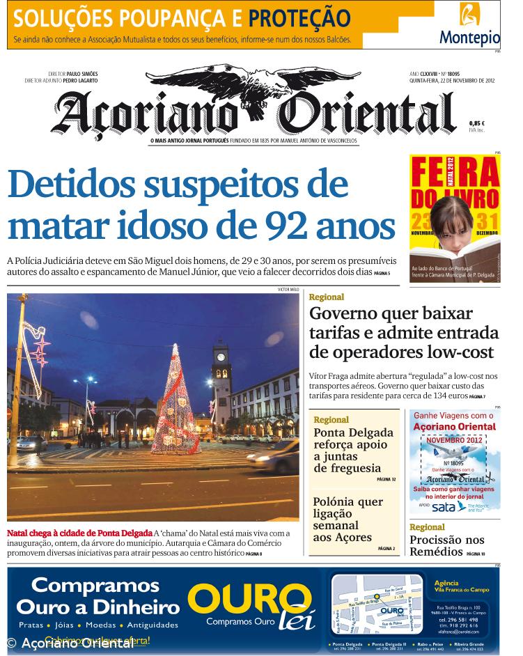 "Detidos suspeitos de matar idoso de 92 anos" é a manchete do Açoriano Oriental – Imagem 1