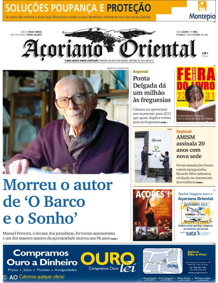 "Morreu o autor de O Barco e o Sonho" é a manchete do Açoriano Oriental – Imagem 1
