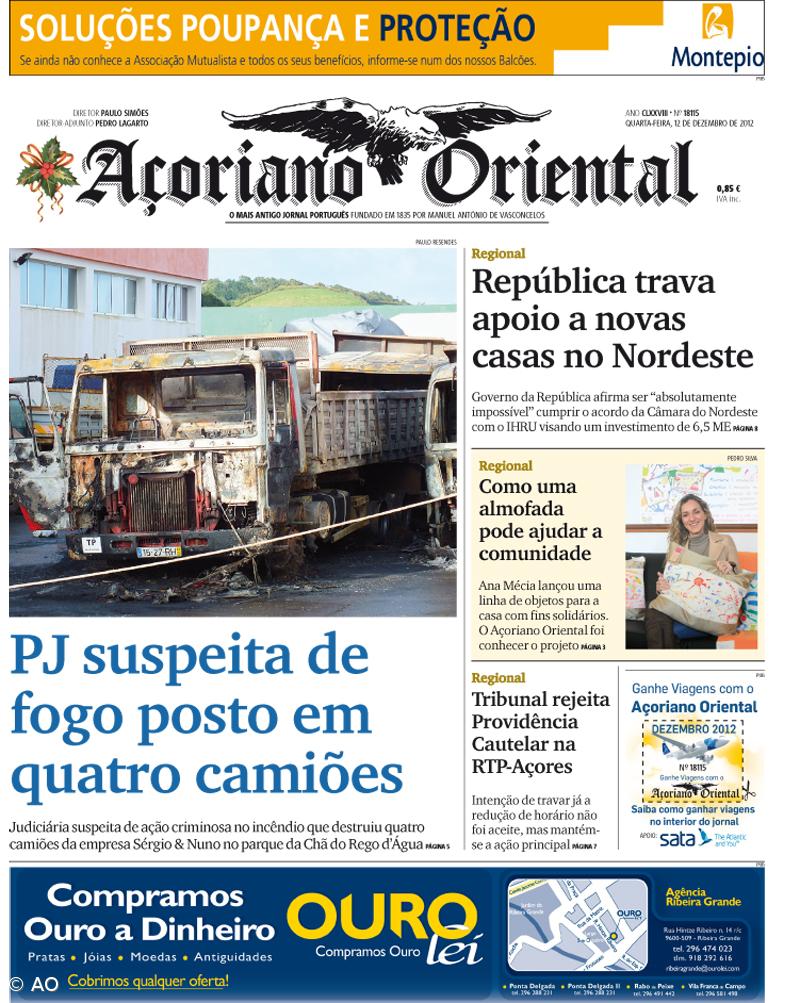 "PJ suspeita de fogo posto em quatro camiões" é a manchete do Açoriano Oriental – Imagem 1