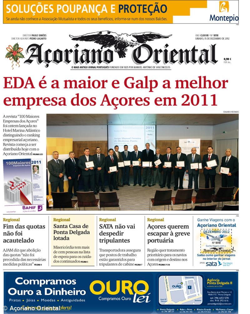 "EDA é a maior e Galp a melhor empresa dos Açores em 2011" é a manchete do Açoriano Oriental – Imagem 1