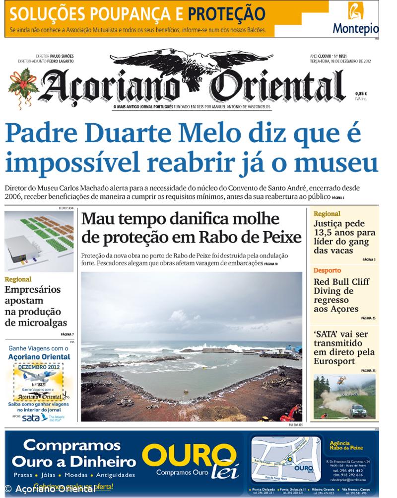 "Padre Duarte Melo diz que é impossível reabrir já o museu" é a manchete do Açoriano Oriental – Imagem 1
