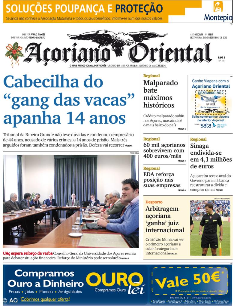 "Cabecilha do 'gang das vacas' apanha 14 anos" é a manchete do Açoriano Oriental – Imagem 1