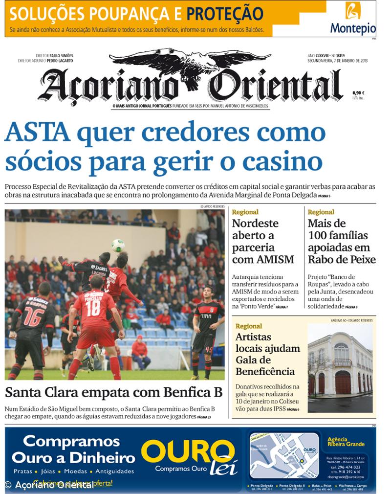 "ASTA quer credores como sócios para gerir o casino" é a manchete do Açoriano Oriental – Imagem 1