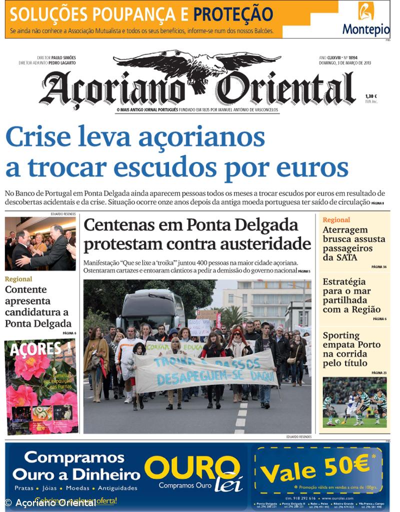 "Crise leva açorianos a trocar escudos por euros" é a manchete do Açoriano Oriental – Imagem 1