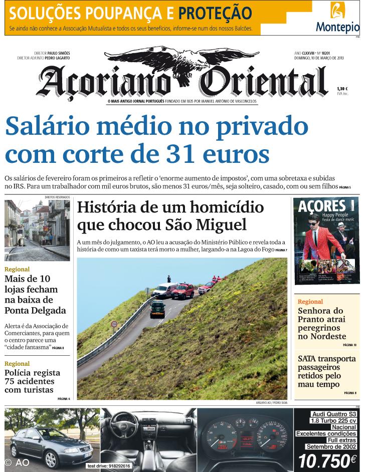 "Salário médio no privado com corte de 31 euros" é a manchete do Açoriano Oriental – Imagem 1