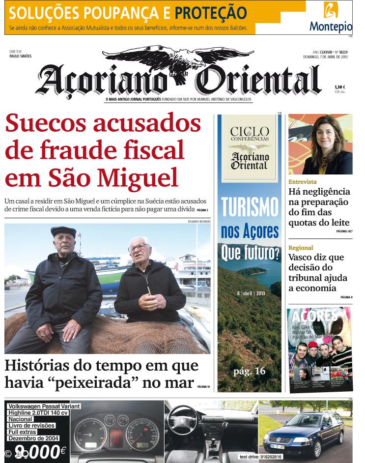 "Suecos acusados de fraude fiscal em São Miguel" é a manchete do Açoriano Oriental – Imagem 1