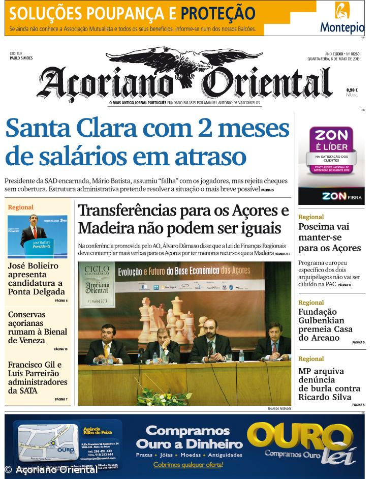 "Santa Clara com 2 meses de salários em atraso" é a manchete do Açoriano Oriental – Imagem 1