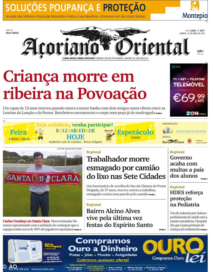 "Criança morre em ribeira na Povoação" é a manchete do Açoriano Oriental – Imagem 1