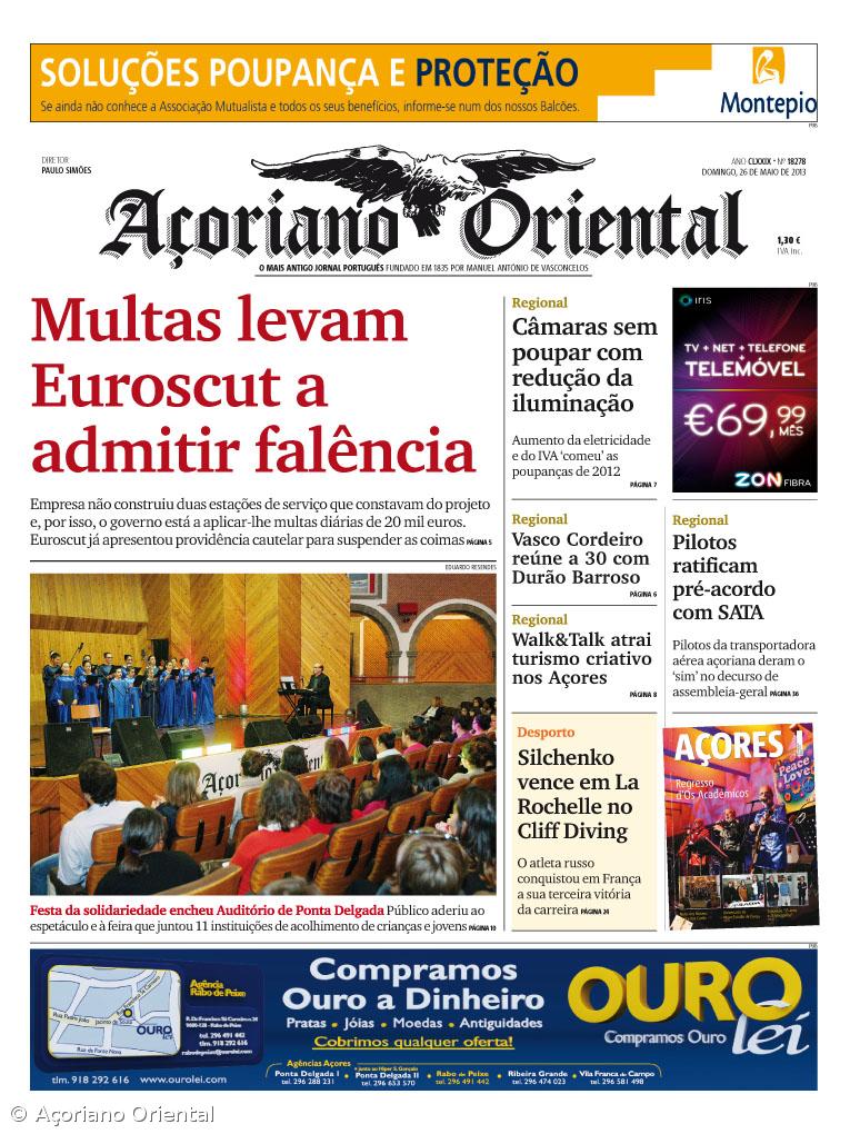 "Multas levam Euroscut a admitir falência" é a manchete do Açoriano Oriental – Imagem 1