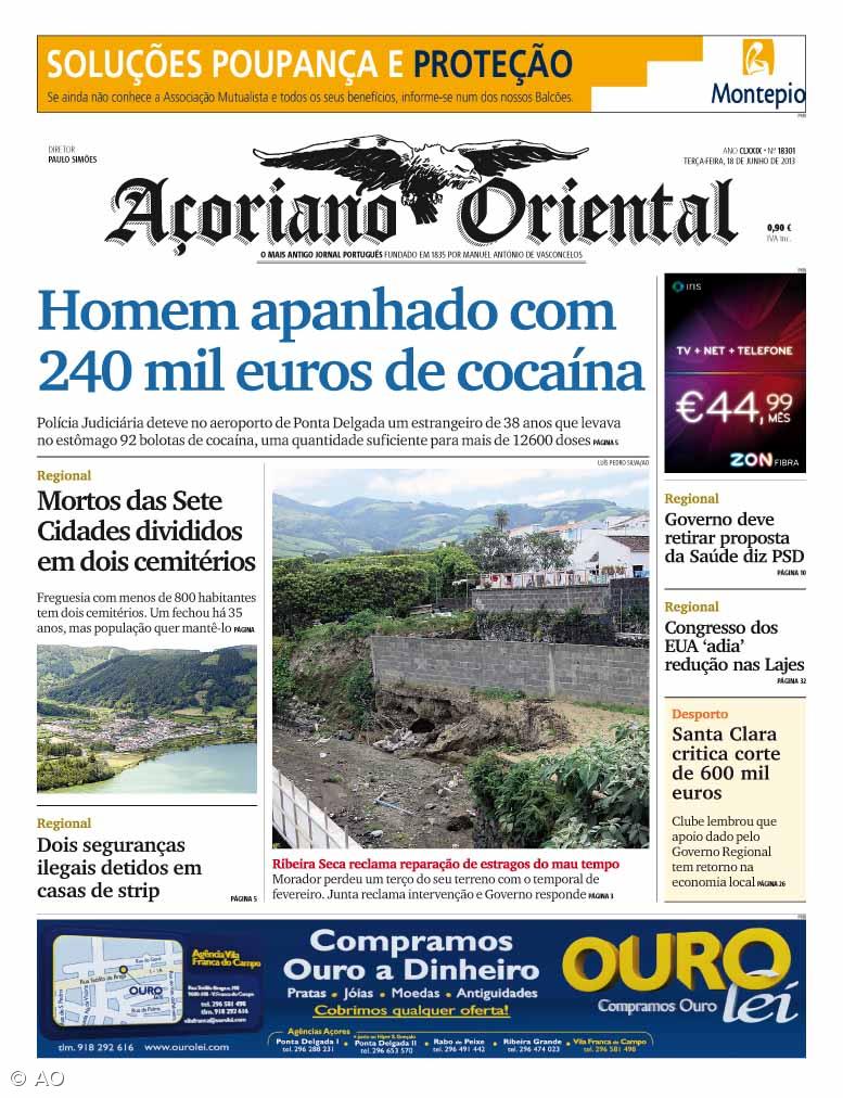 "Homem apanhado com 240 mil euros de cocaína" é a manchete do Açoriano Oriental – Imagem 1