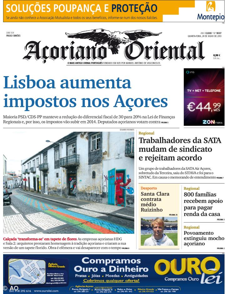 "Lisboa aumenta impostos nos Açores" é a manchete do Açoriano Oriental – Imagem 1