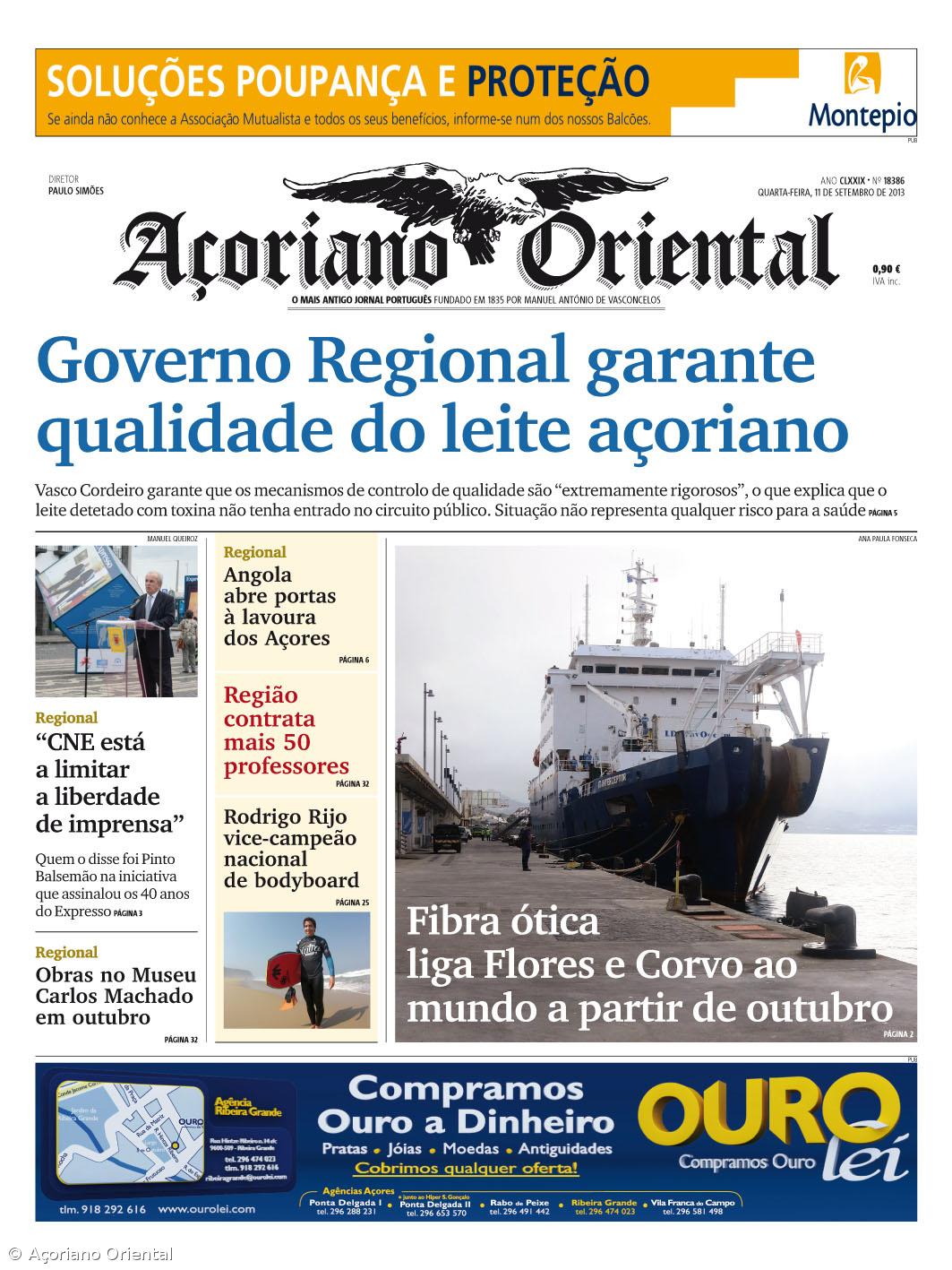 "Governo Regional garante qualidade do leite açoriano" é a manchete do Açoriano Oriental – Imagem 1
