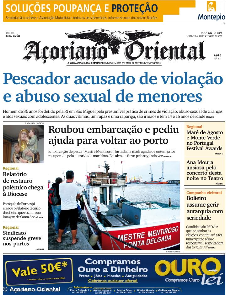 "Pescador acusado de violação e abuso sexual de menores" é a manchete do Açoriano Oriental – Imagem 1