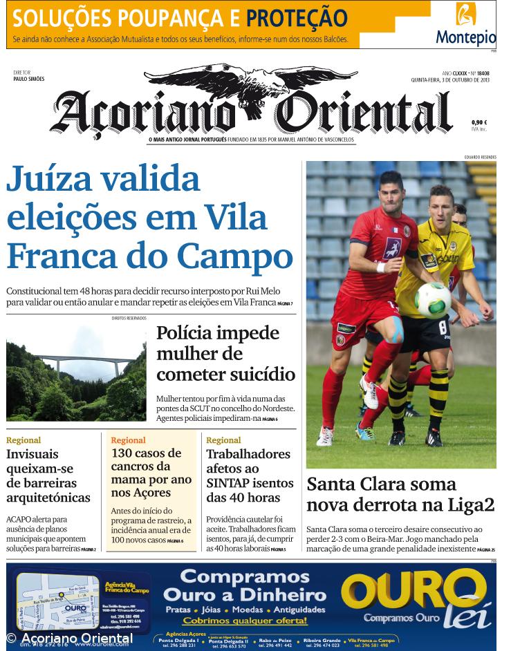 "Juíza valida eleições em Vila Franca do Campo" é a manchete do Açoriano Oriental – Imagem 1