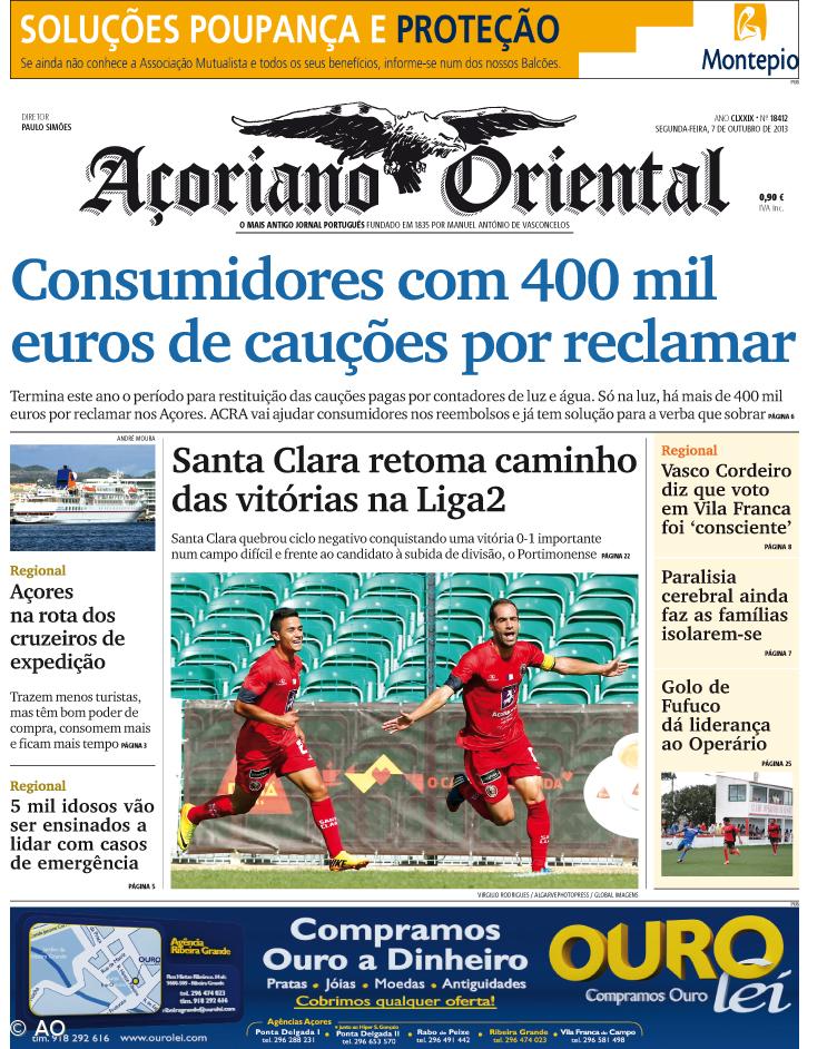 "Consumidores com 400 mil euros de cauções por reclamar" é a manchete do Açoriano Oriental – Imagem 1